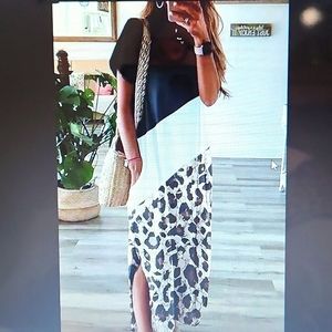 Black Leopard Color Block Side Slit T-Shirt Maxi Dress
